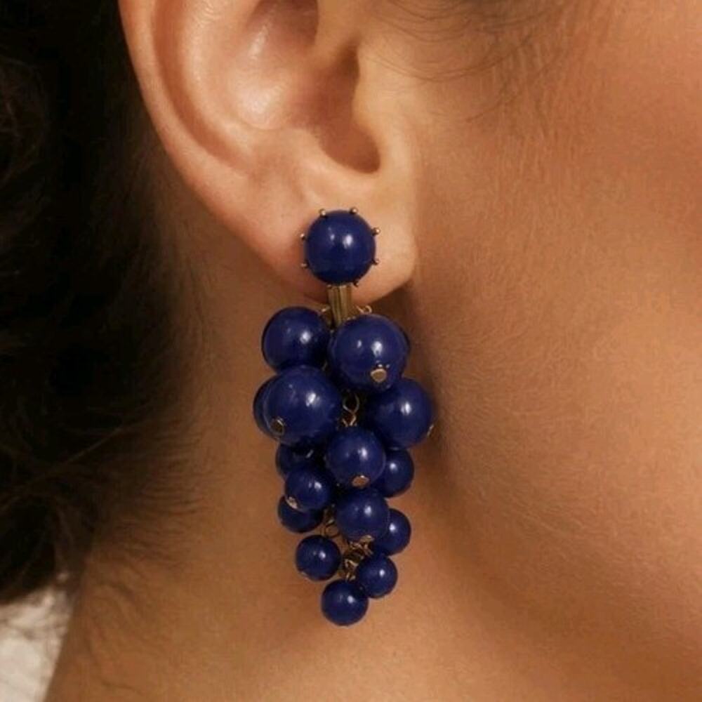 Vintage Dark Blue Grape Clusters Cha Cha Dangle Large Statement Clip On Earrings